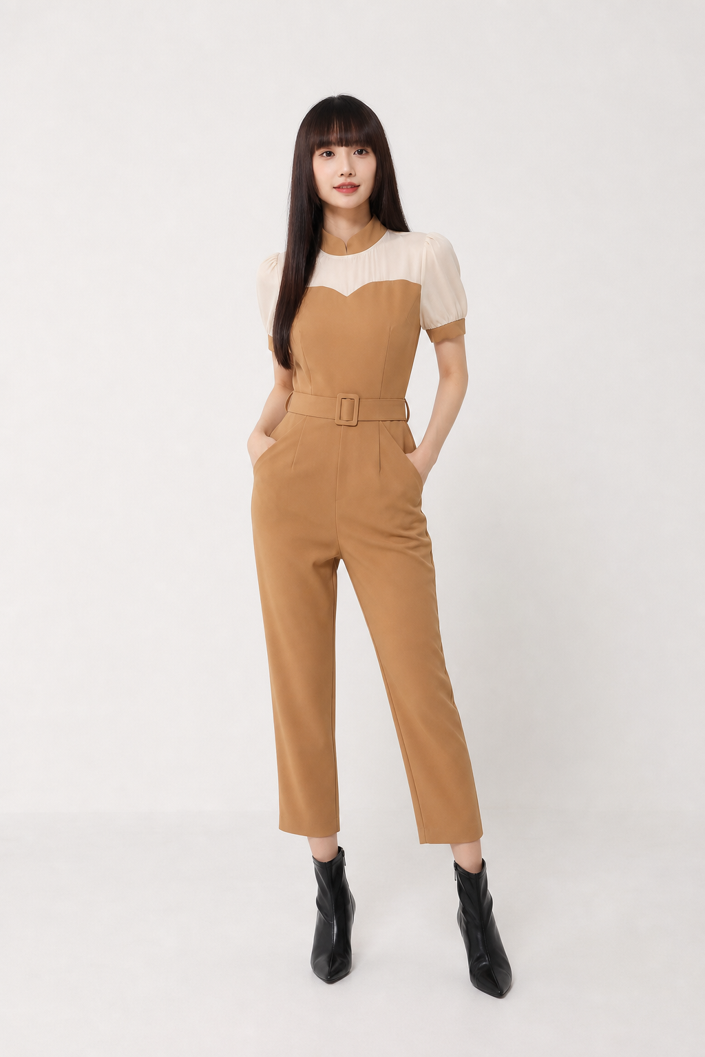 Mandarin Collar Short Sleeve With Belt Long Jumpsuit 18329