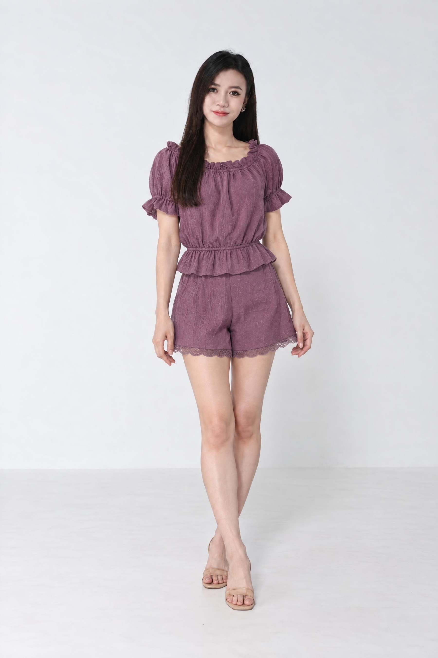 Pleated Off Shoulder Top With Back Zip Short Pants 