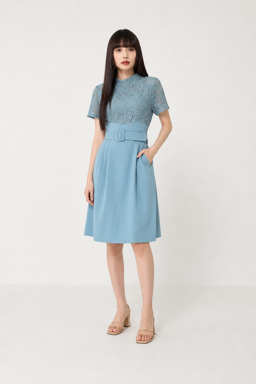 Lace With Basic Plain Dress With Belt 17200