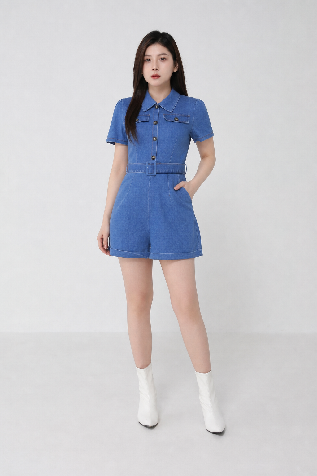Denim Front Button Short Sleeve With Belt Jumpsuits 18832