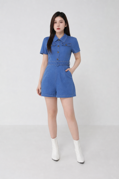Denim Front Button Short Sleeve With Belt Jumpsuits 18832