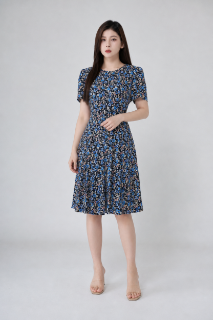 Floral Round Neck Flare Dress 18855