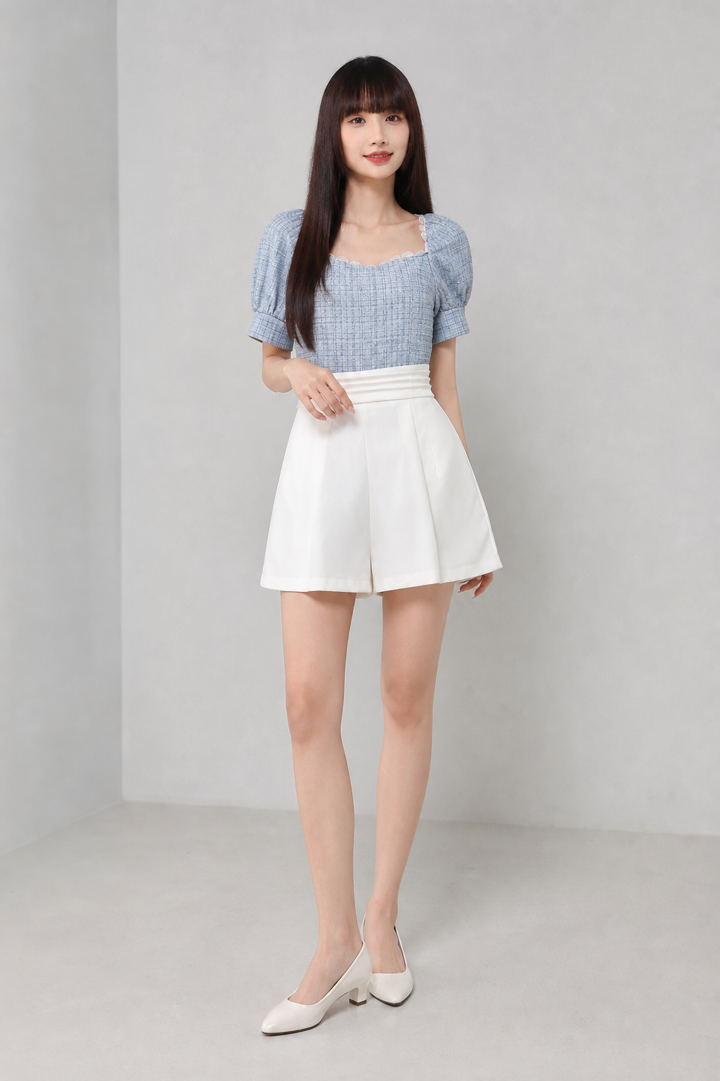 Two Tones Puff Sleeve Pleat Jumpsuit 18257