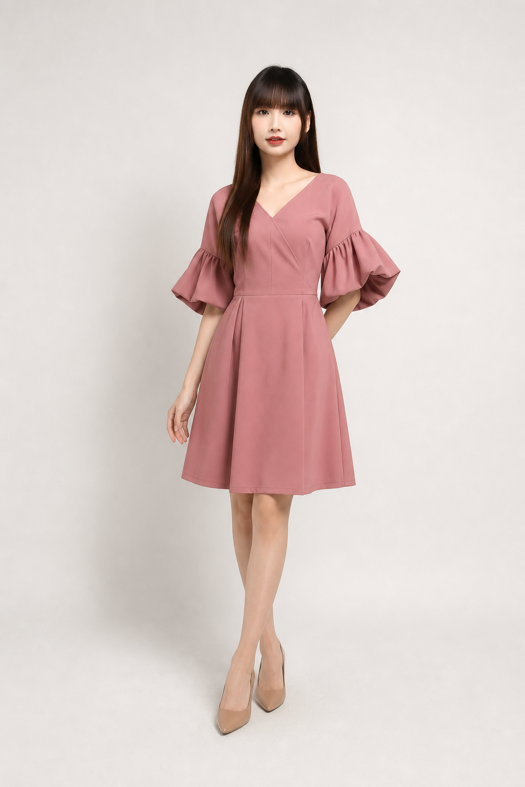 V Neck Puff Sleeve Dress 15811