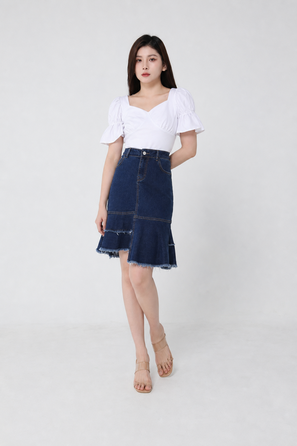 Denim Irregular Long Layered Skirt 18468