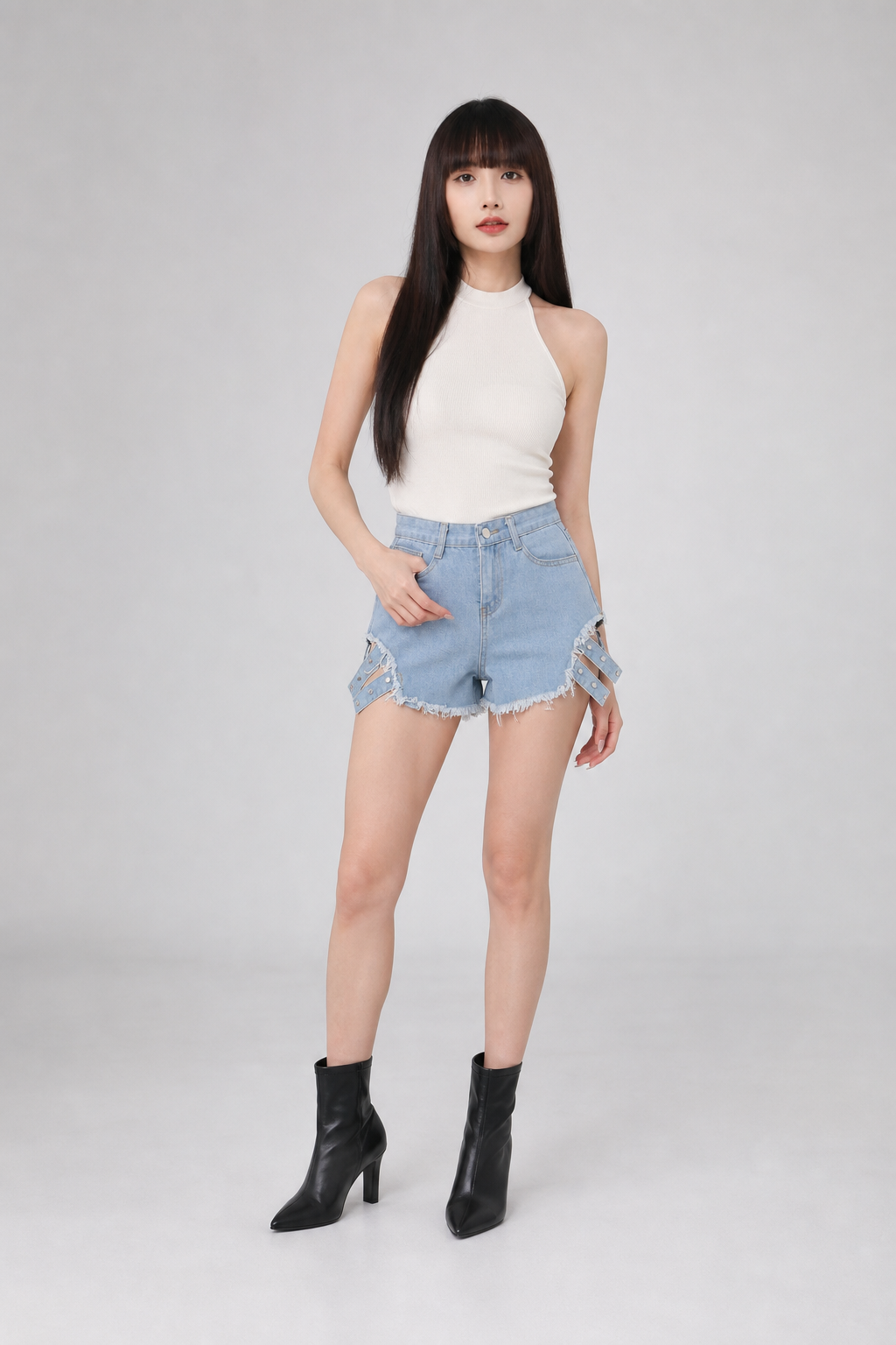 Denim Ripped Side Strap Design Short Pants 16595
