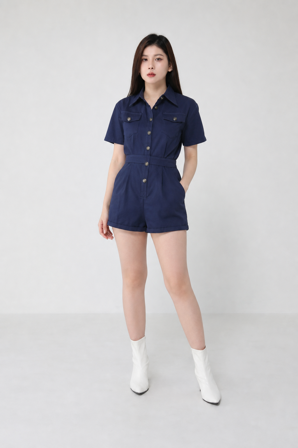 Classic Collar Front Button Front Pocket With Belt Jumpsuits 18877