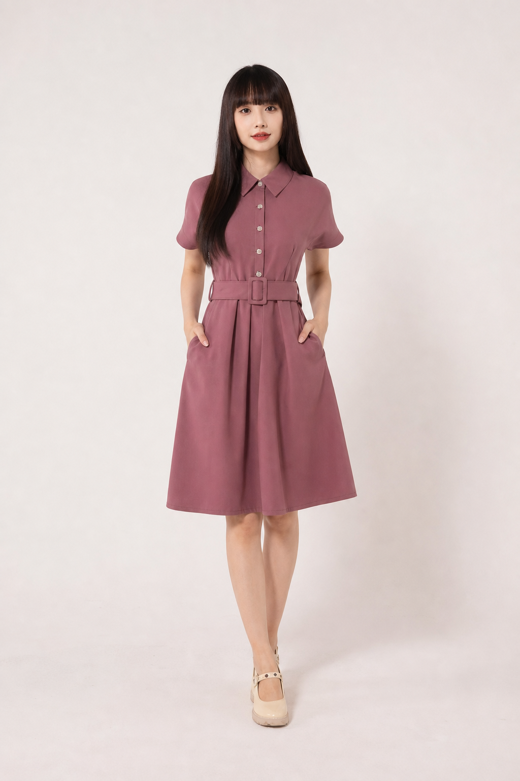 Collar Front Button Dress With Belt 16734