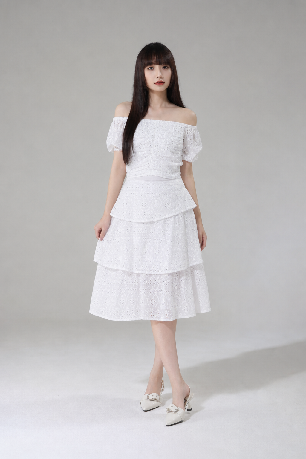Eyelet Crop Top With Layered Skirt Set 17500