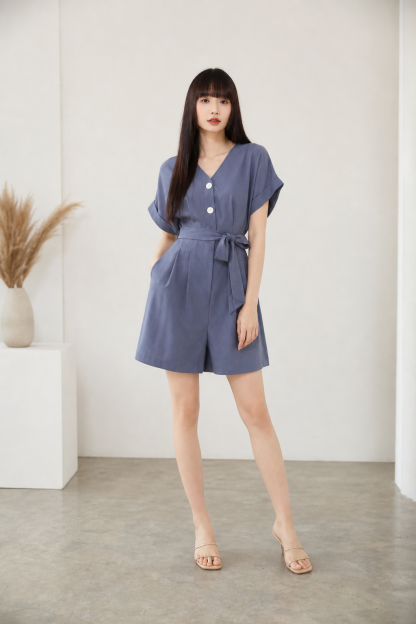 Short Sleeve Front Button Jumpsuit With Belt 16860