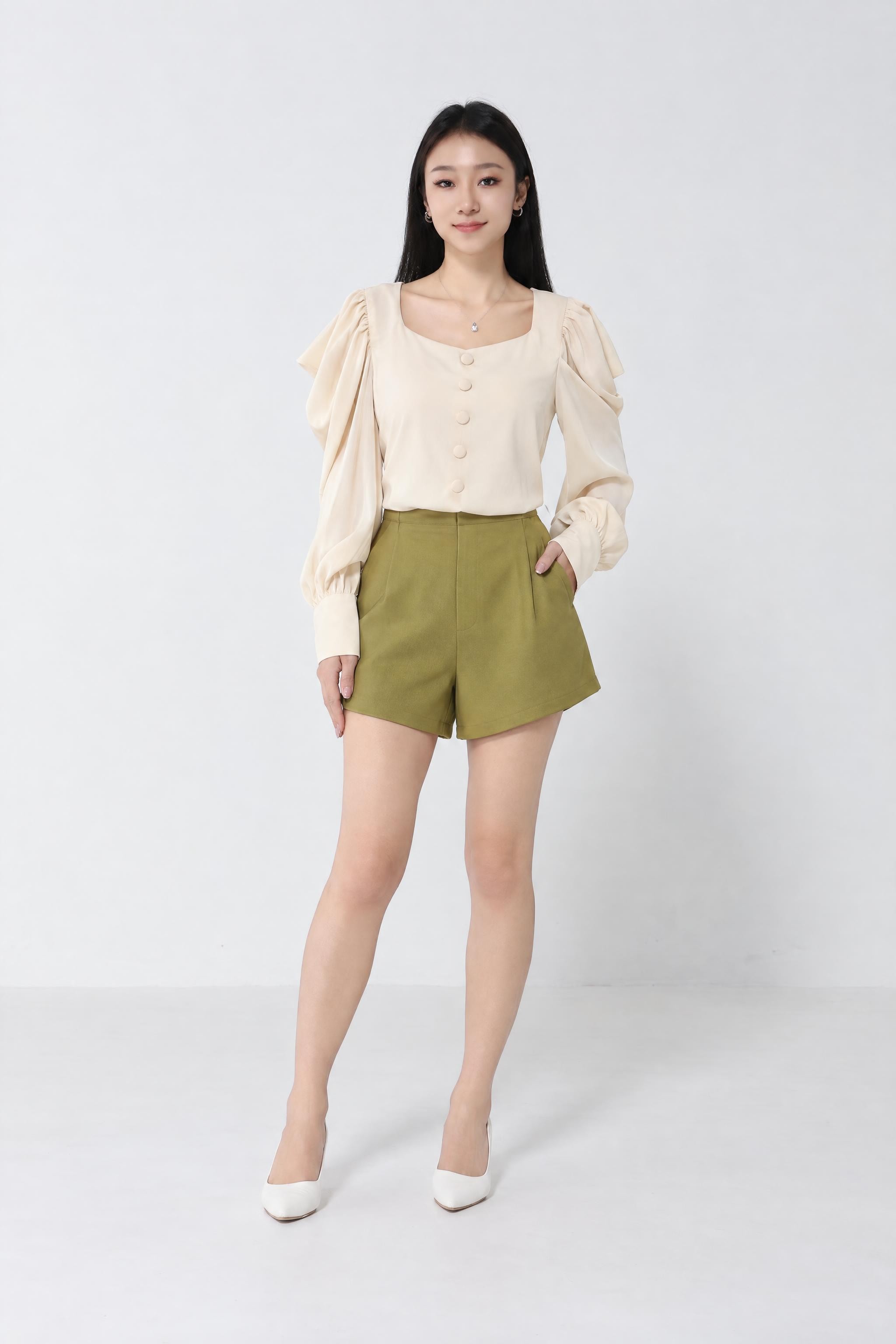 Long Sleeve Front Button Top With Pleat Short Pant Set 
