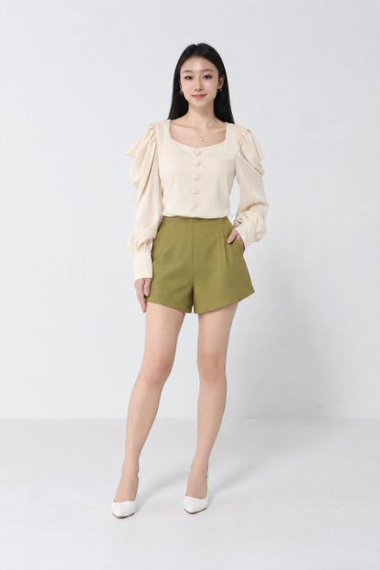 Long Sleeve Front Button Top With Pleat Short Pant Set 