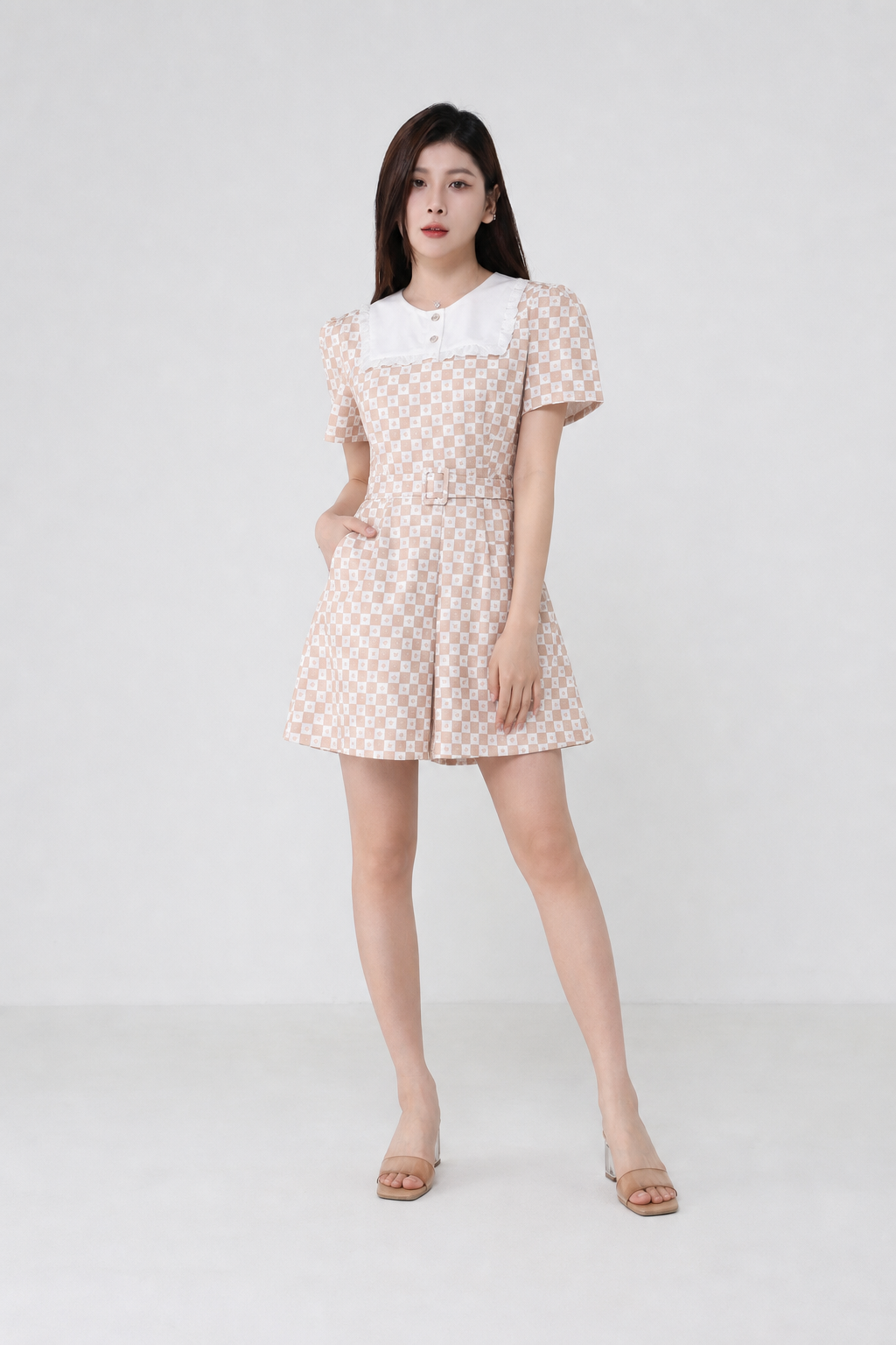 Lace Collar Checker Jumpsuit 15477