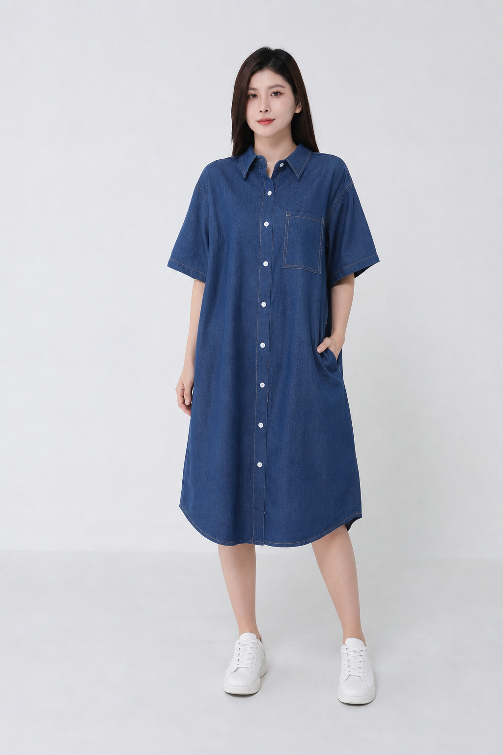 Denim Short Sleeve Dress With Belt 34702