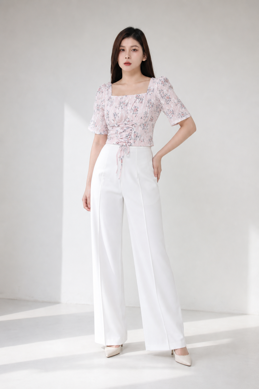 Floral Square Neck Tie Up Top 19534