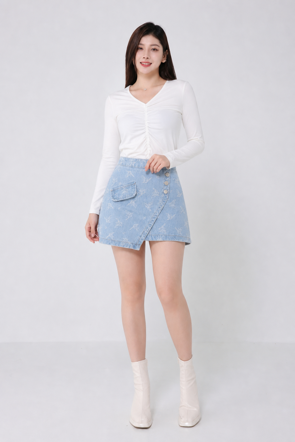 Side Button Printed Denim Skirt 14197