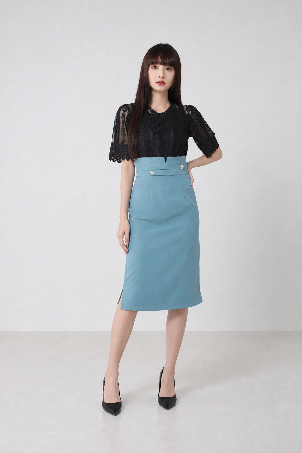 High Waist Pleated With Button Long Skirt 20059