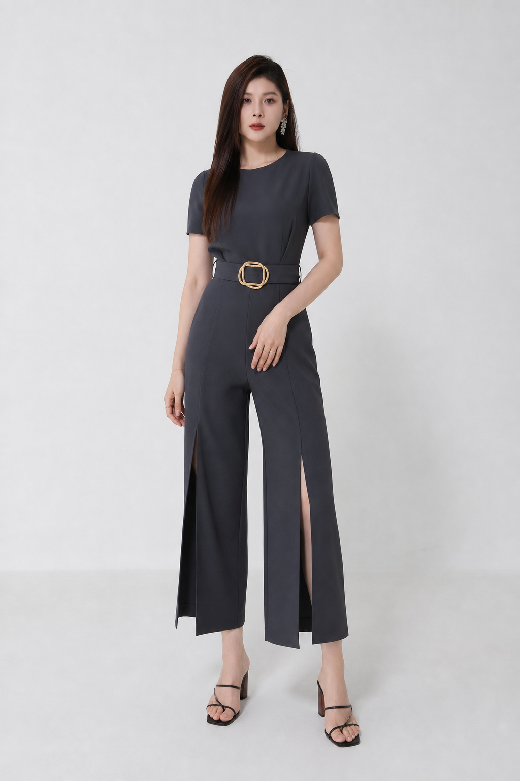 Round Neck Split Jumpsuit With Belt 