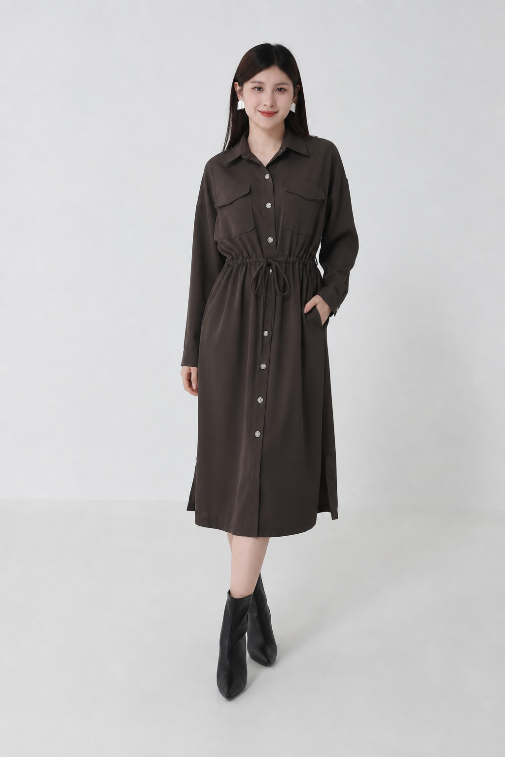 Front Button Collar With Waist Drawstring Dress 