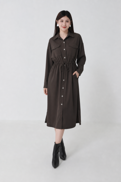 Front Button Collar With Waist Drawstring Dress 