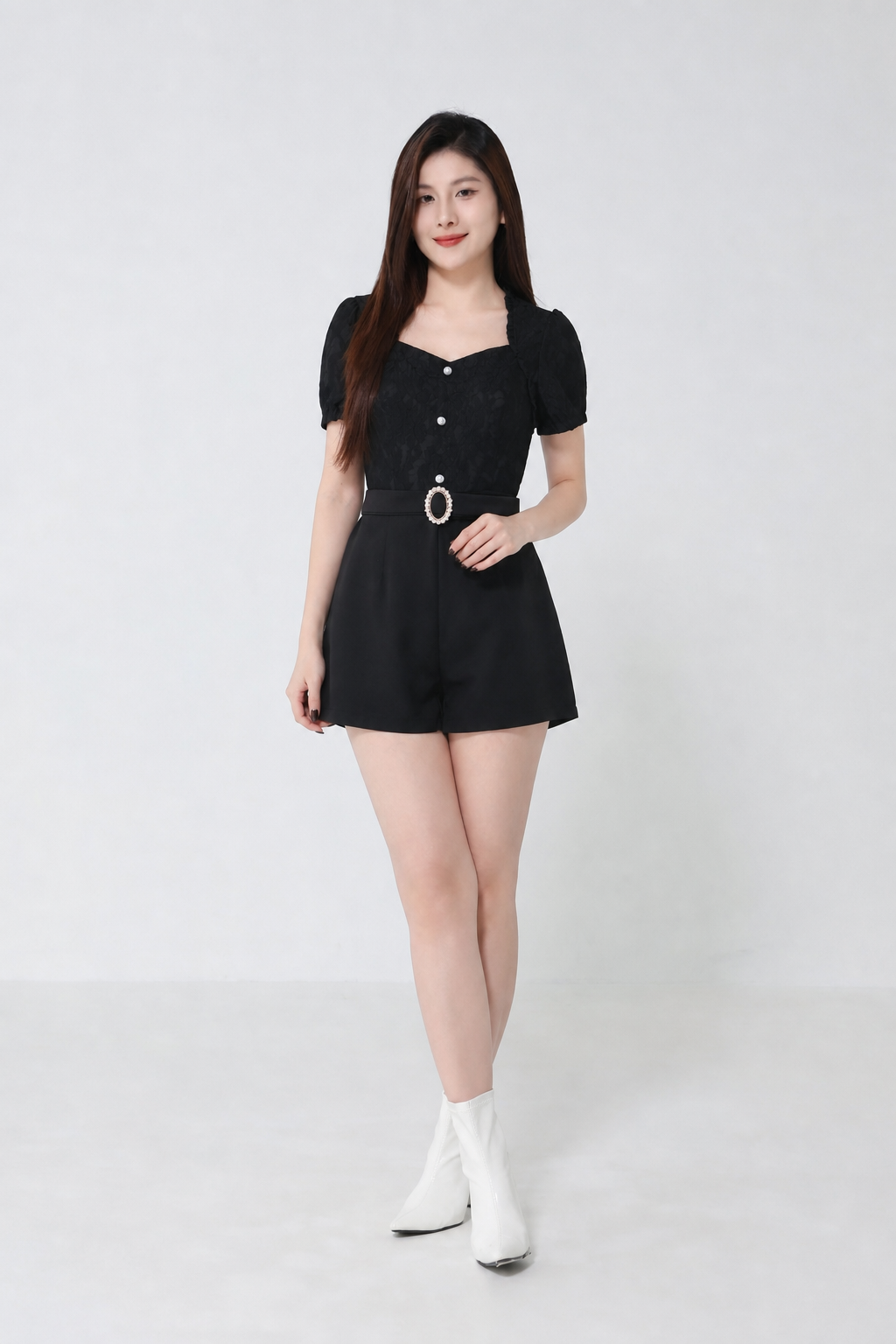 Fake Two Piece Lace With Decorative Button Jumpsuit 