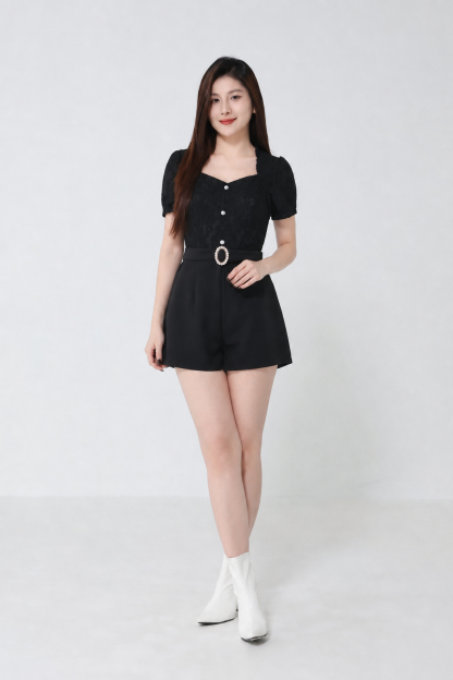 Fake Two Piece Lace With Decorative Button Jumpsuit 