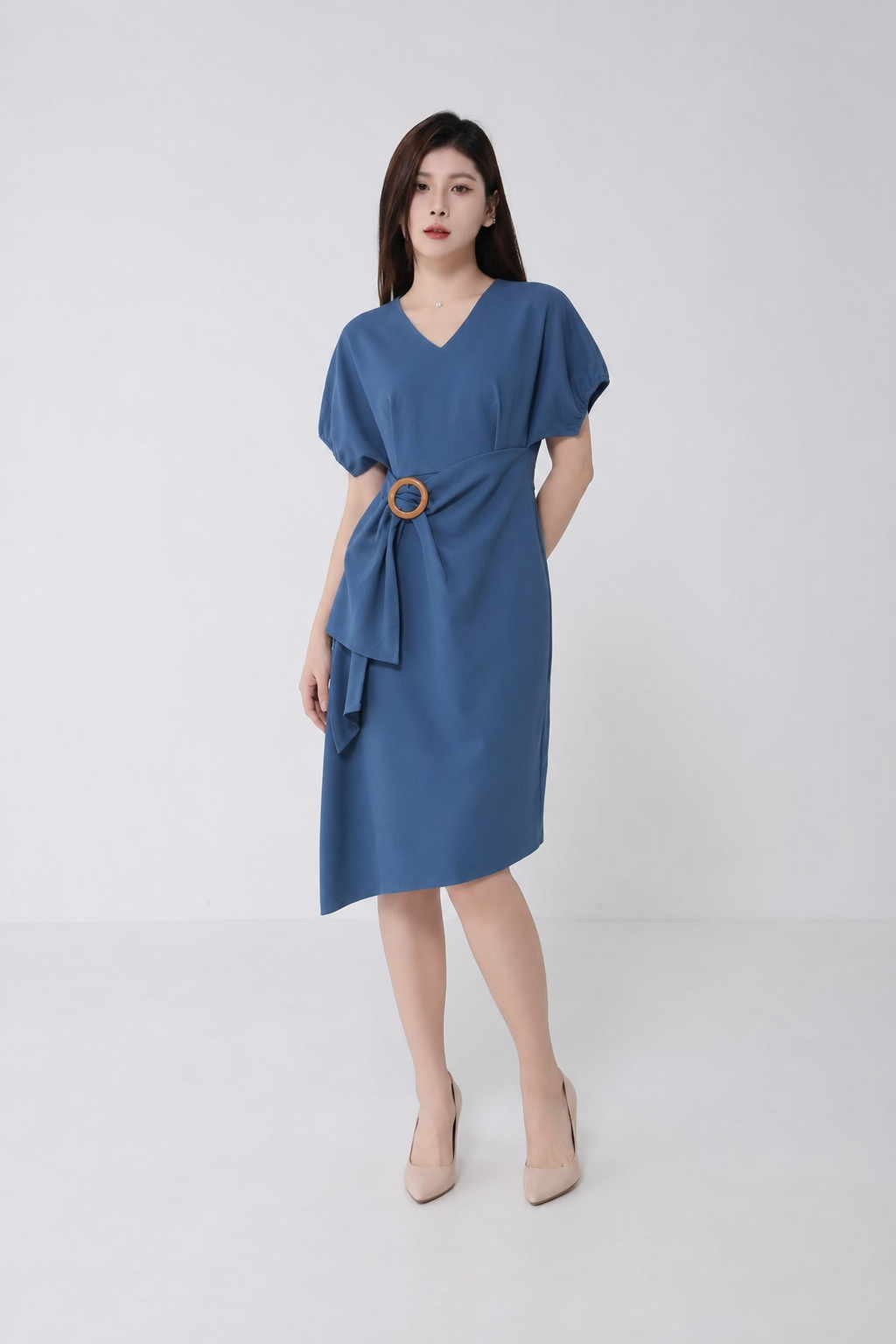 V Neck Side Ring Buckle Dress 15509