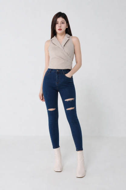 Basic Ripped Denim Skinny Long Pants 12948