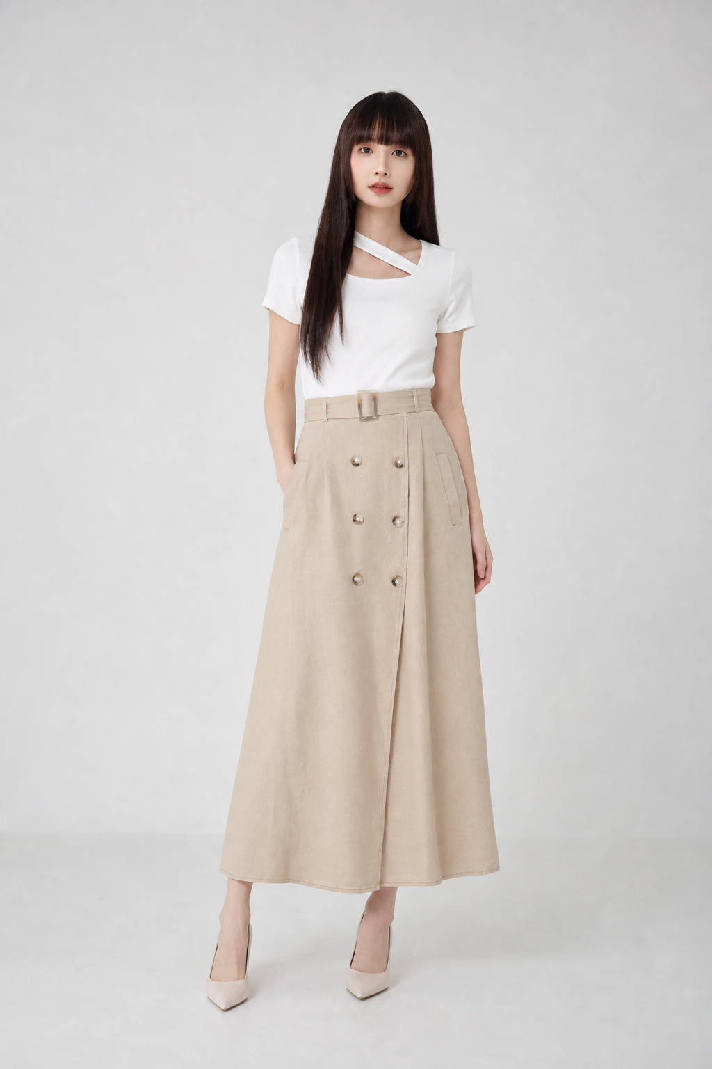 Dua Breasted Button With Belt Long Skirt 20027