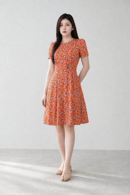 Floral Round Neck Flare Dress 18855