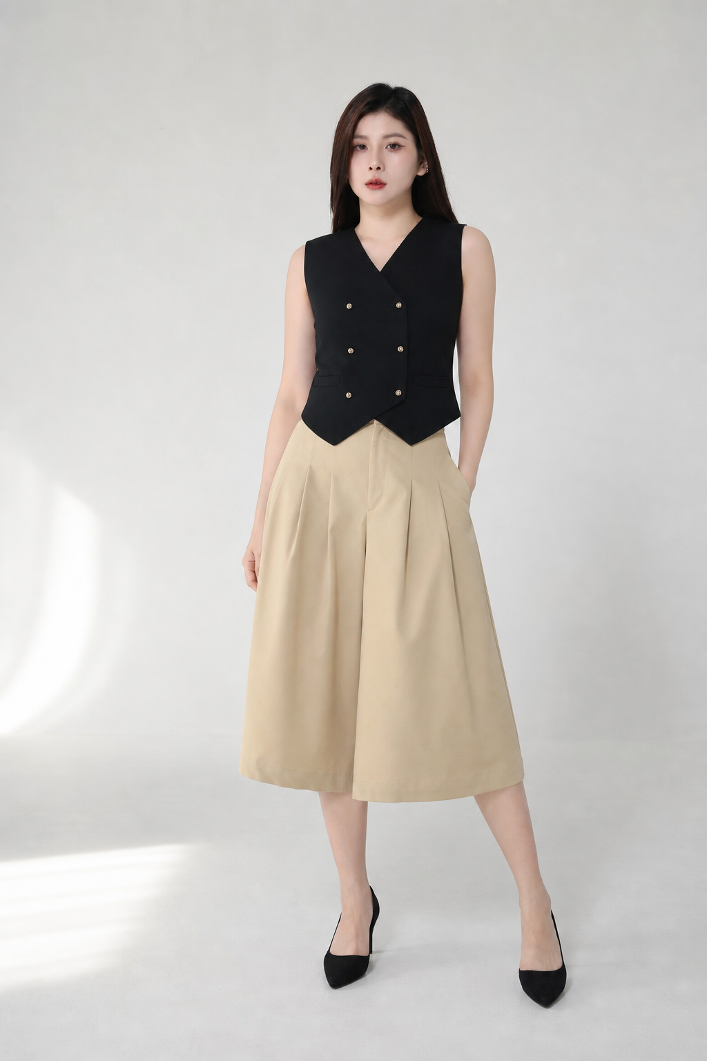 High Waist Front Button Pleated Midi Pant 34707