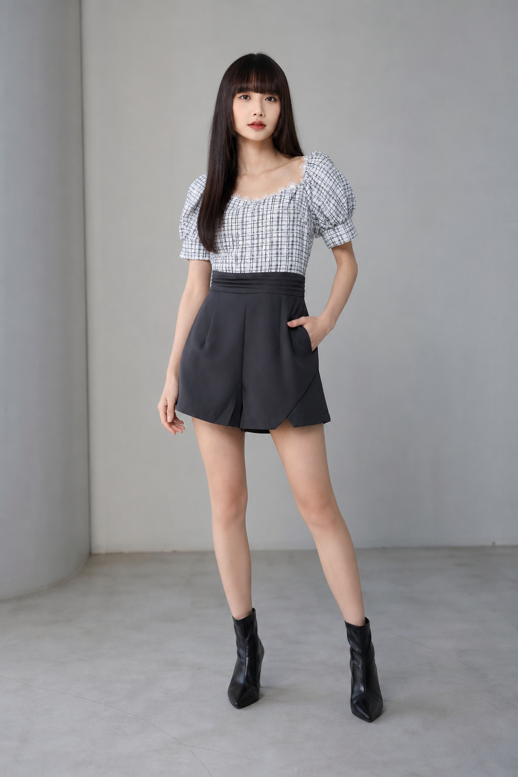 Two Tones Puff Sleeve Pleat Jumpsuit 18257