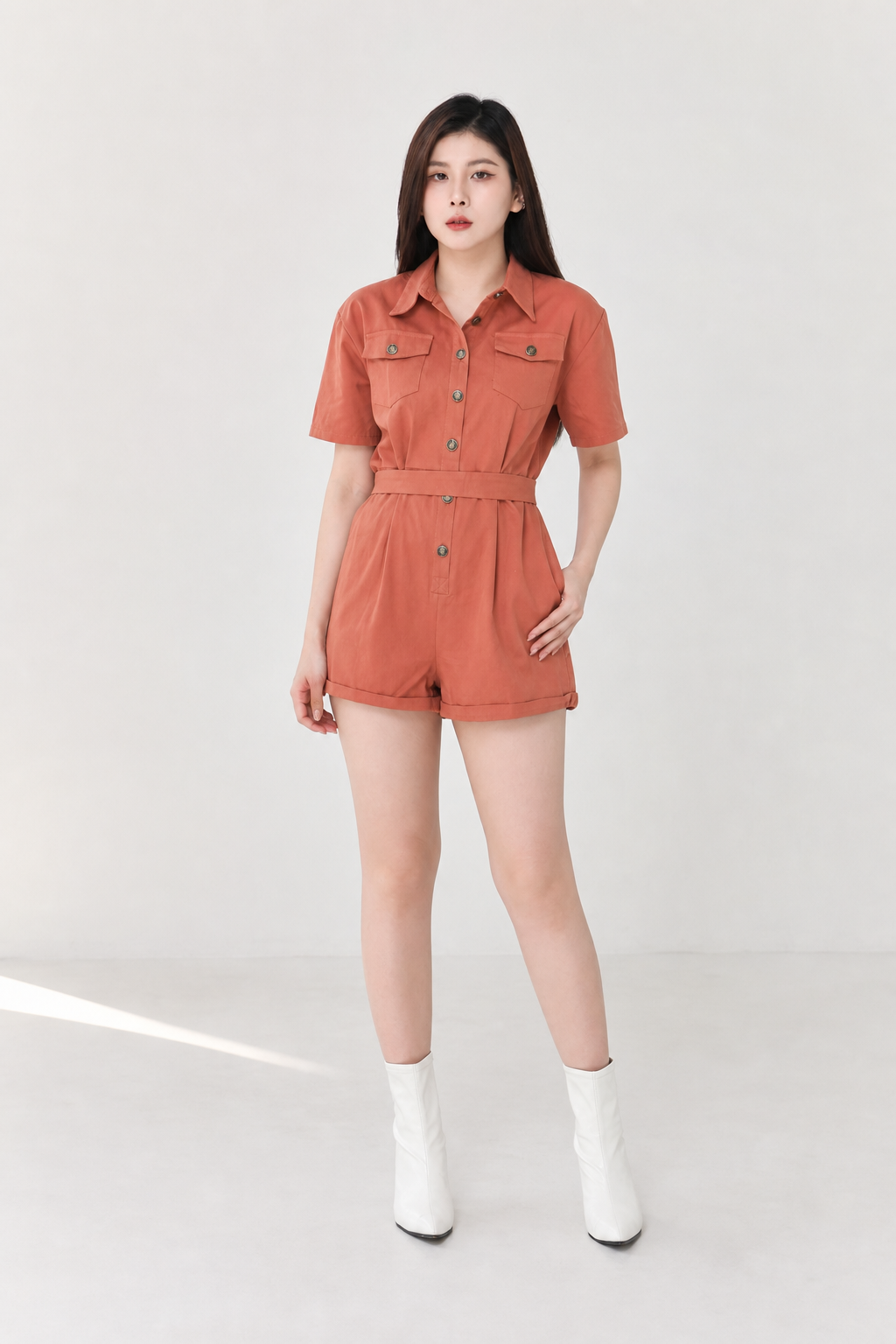 Classic Collar Front Button Front Pocket With Belt Jumpsuits 18877
