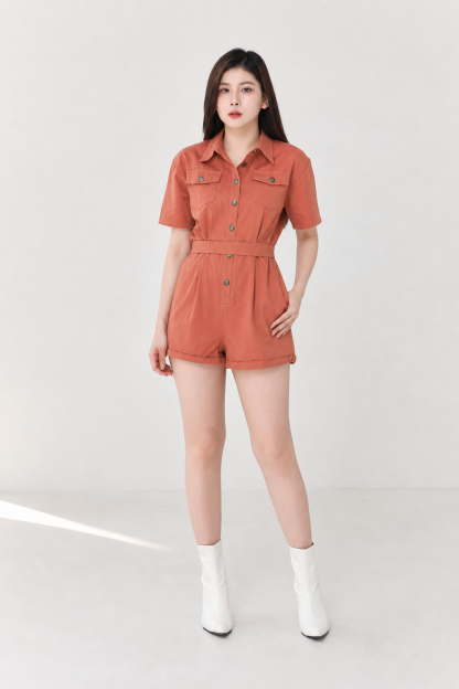 Classic Collar Front Button Front Pocket With Belt Jumpsuits 18877