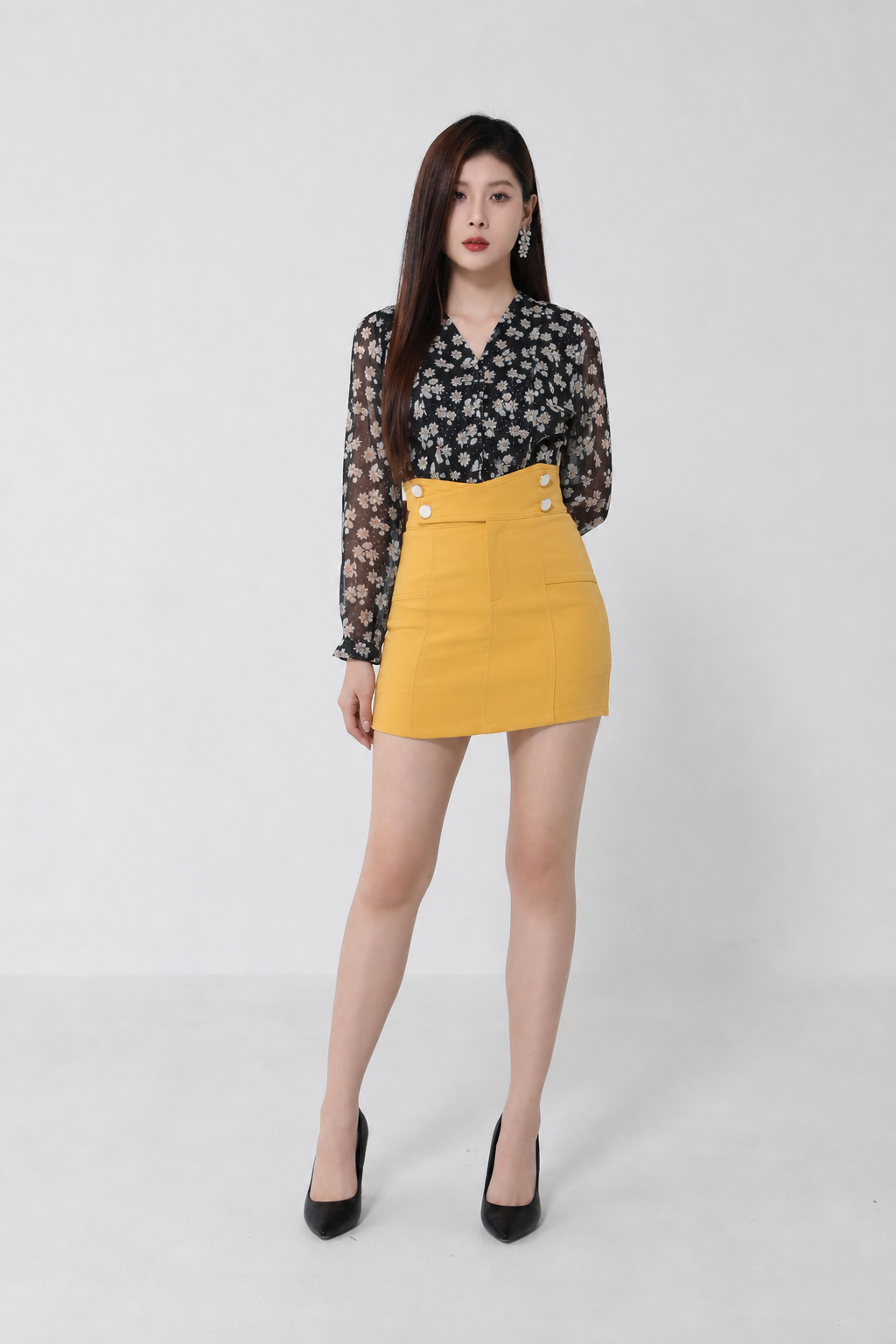 High Waist Decorative Button Short Skirt 