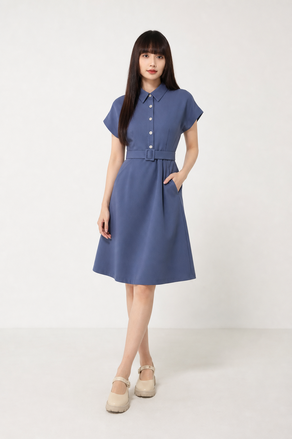 Collar Front Button Dress With Belt 16734