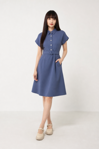 Collar Front Button Dress With Belt 16734