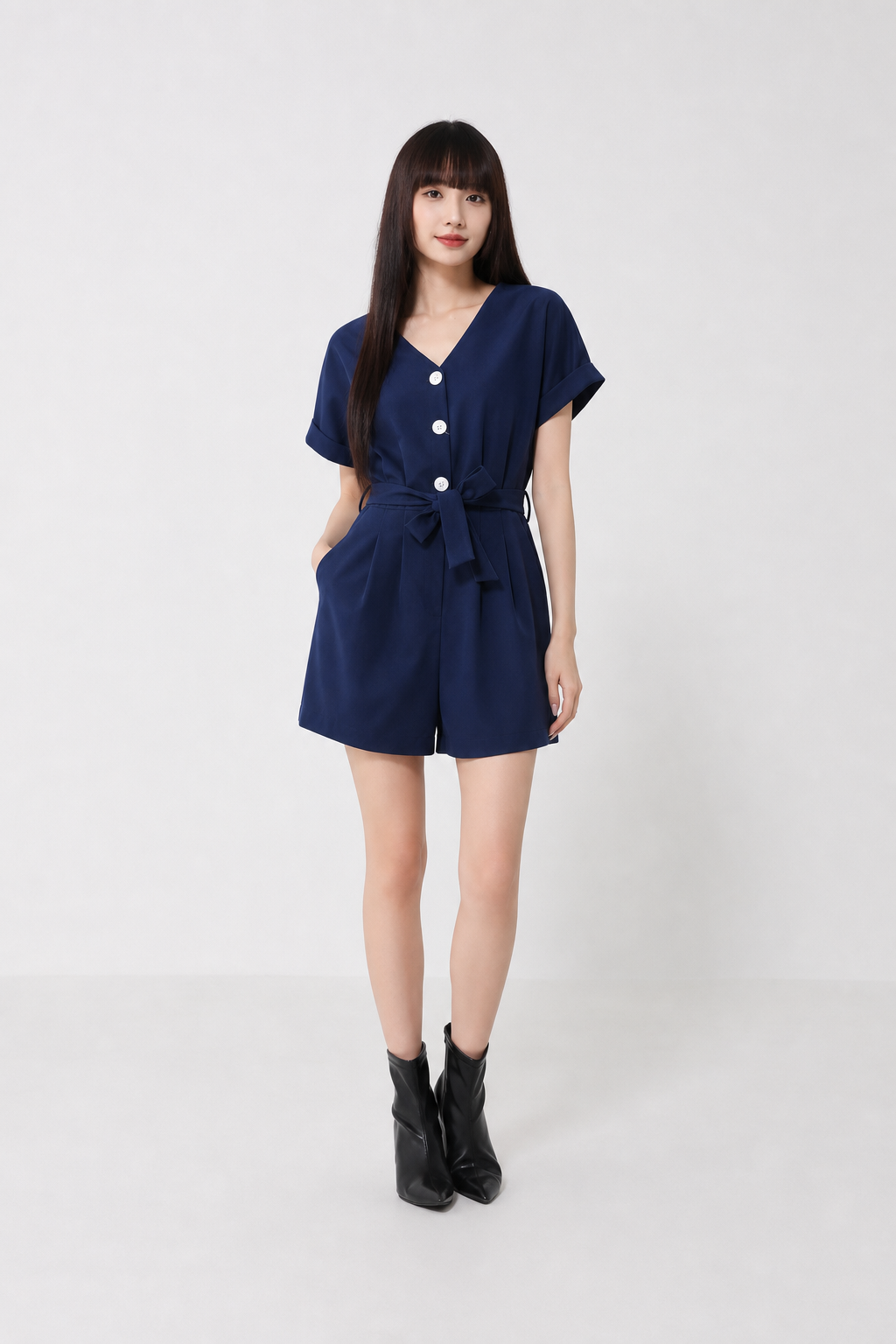 Short Sleeve Front Button Jumpsuit With Belt 16860