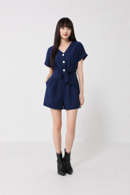 Short Sleeve Front Button Jumpsuit With Belt 16860
