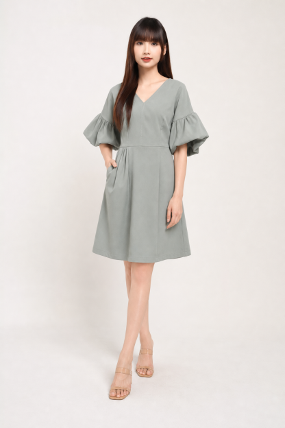 V Neck Puff Sleeve Dress 15811