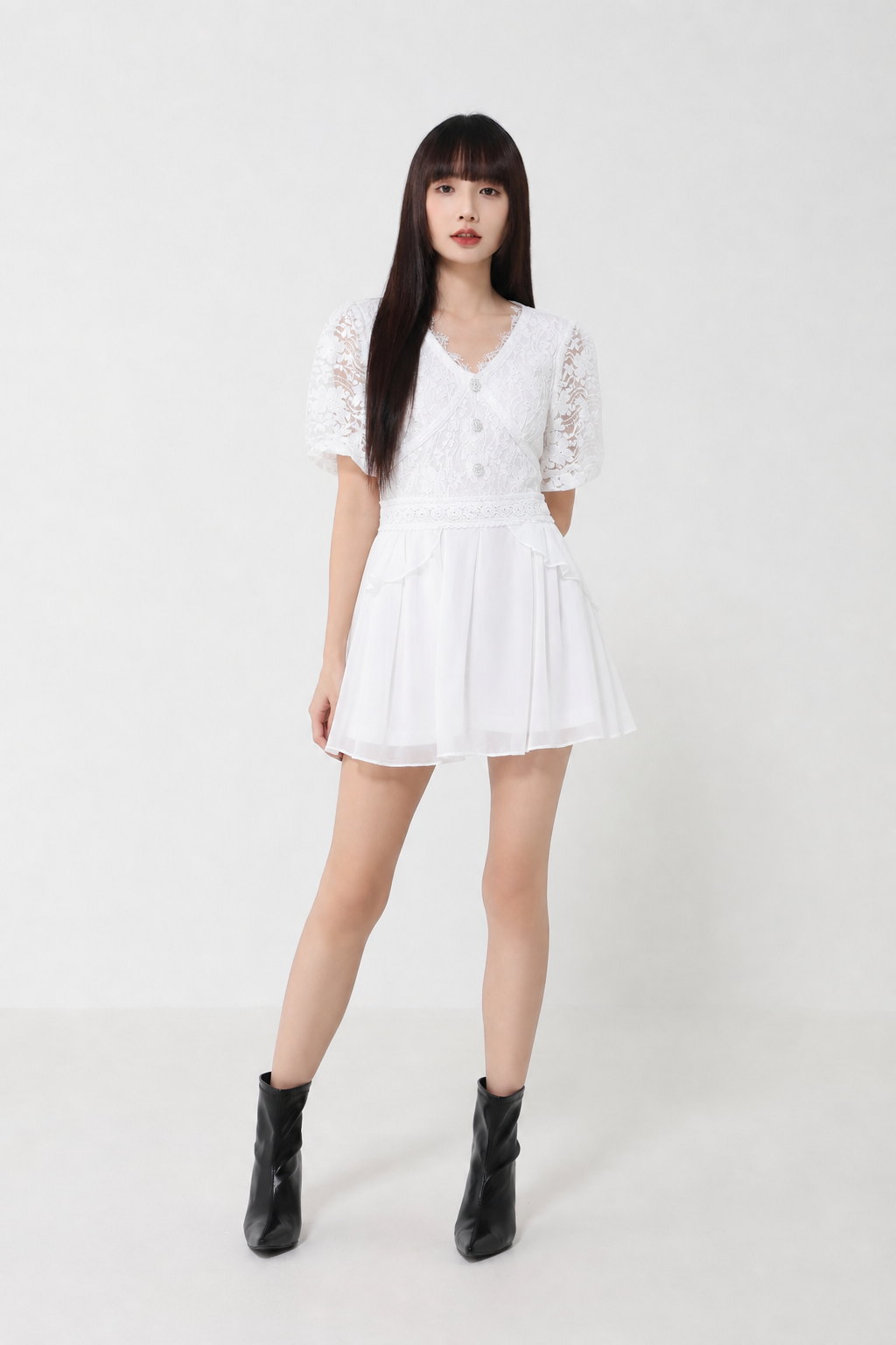 V Neck Lace With Pearl Button Jumpsuit