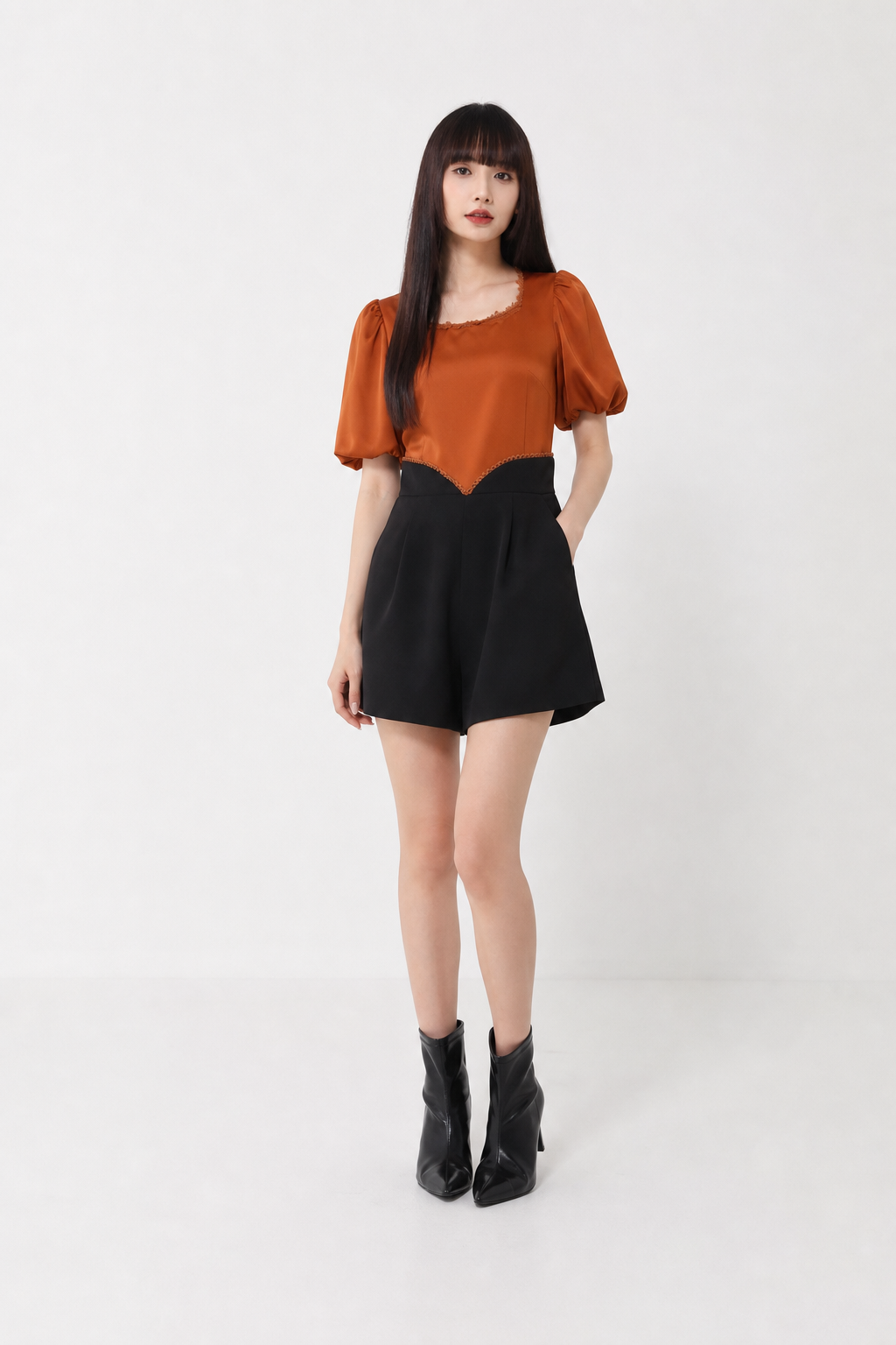 Two Tones Puff Short Sleeve Front Pocket Jumpsuit 17833