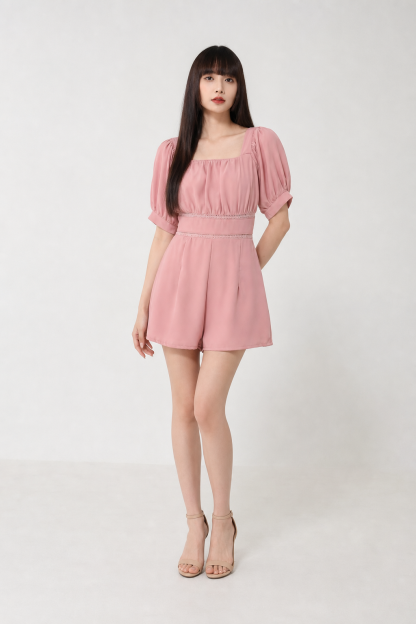 Square Neck Puff Short Sleeve Front Pocket Jumpsuit 17861