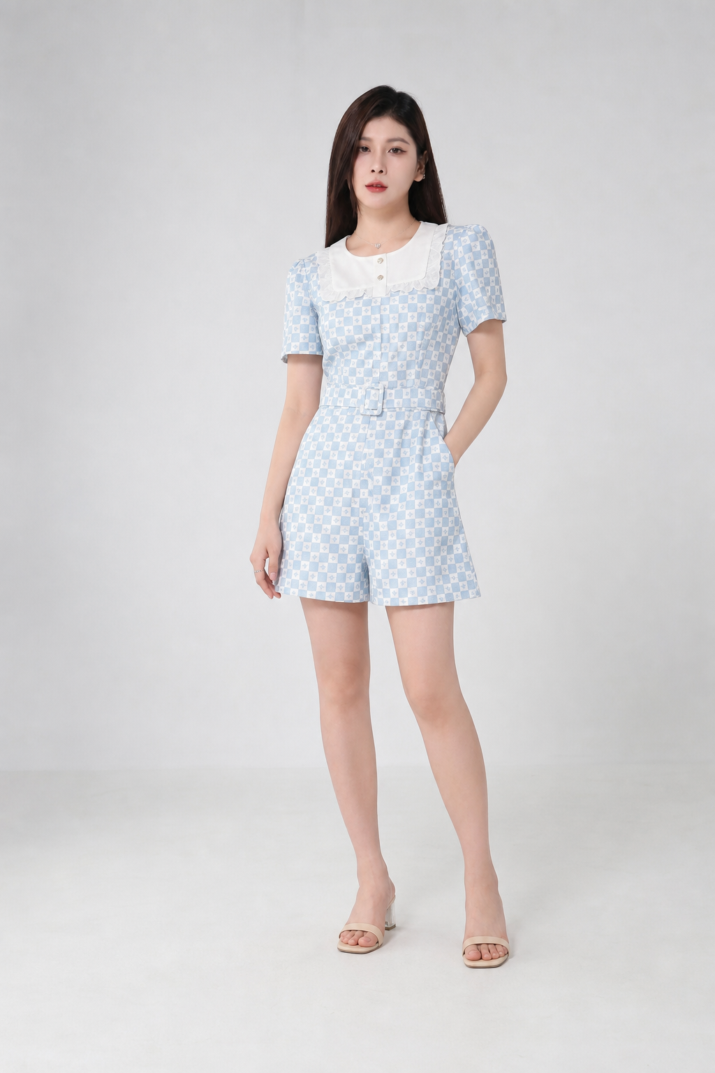 Lace Collar Checker Jumpsuit 15477