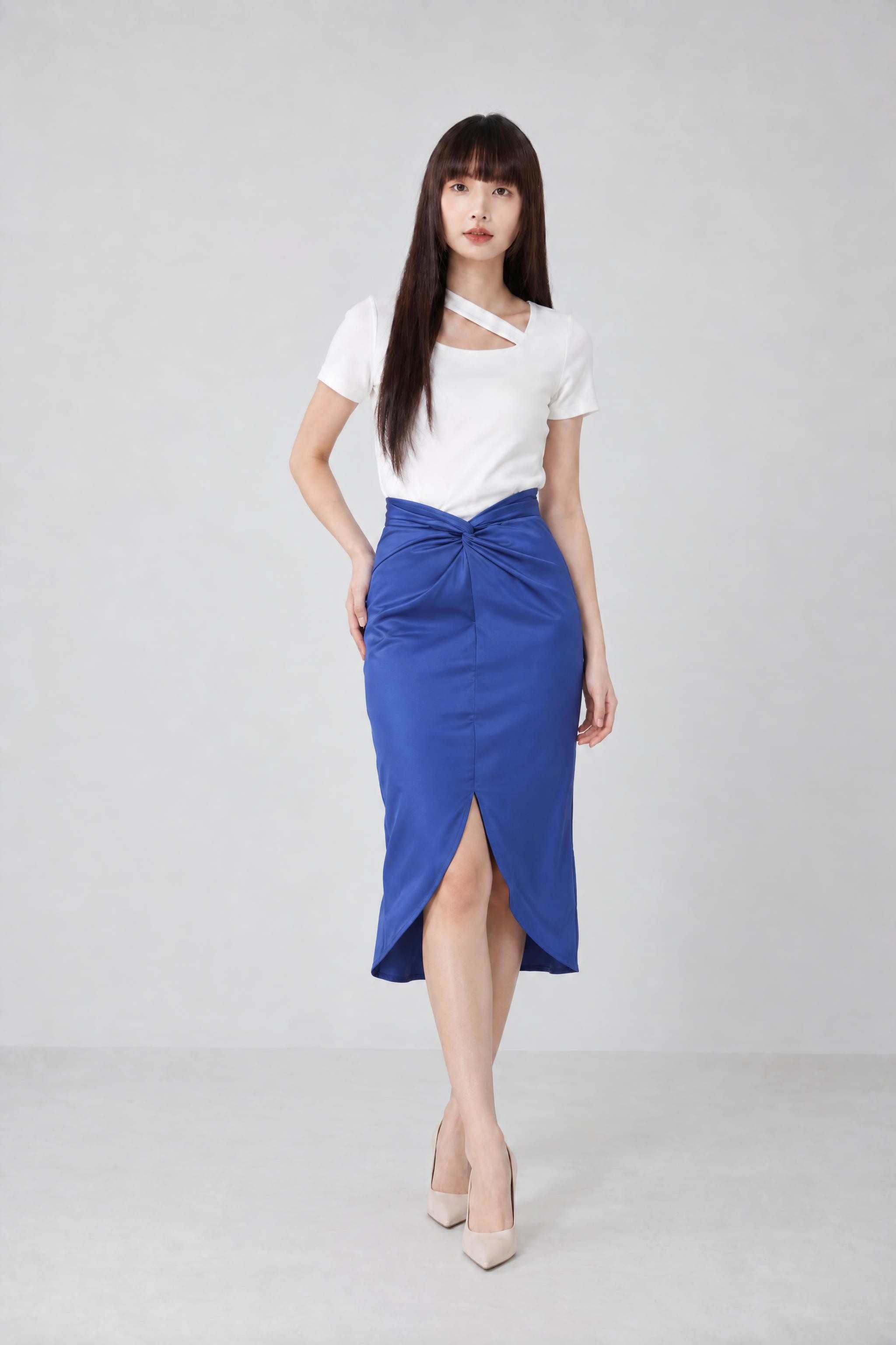 Pleated Back Zip Split Midi Skirt 