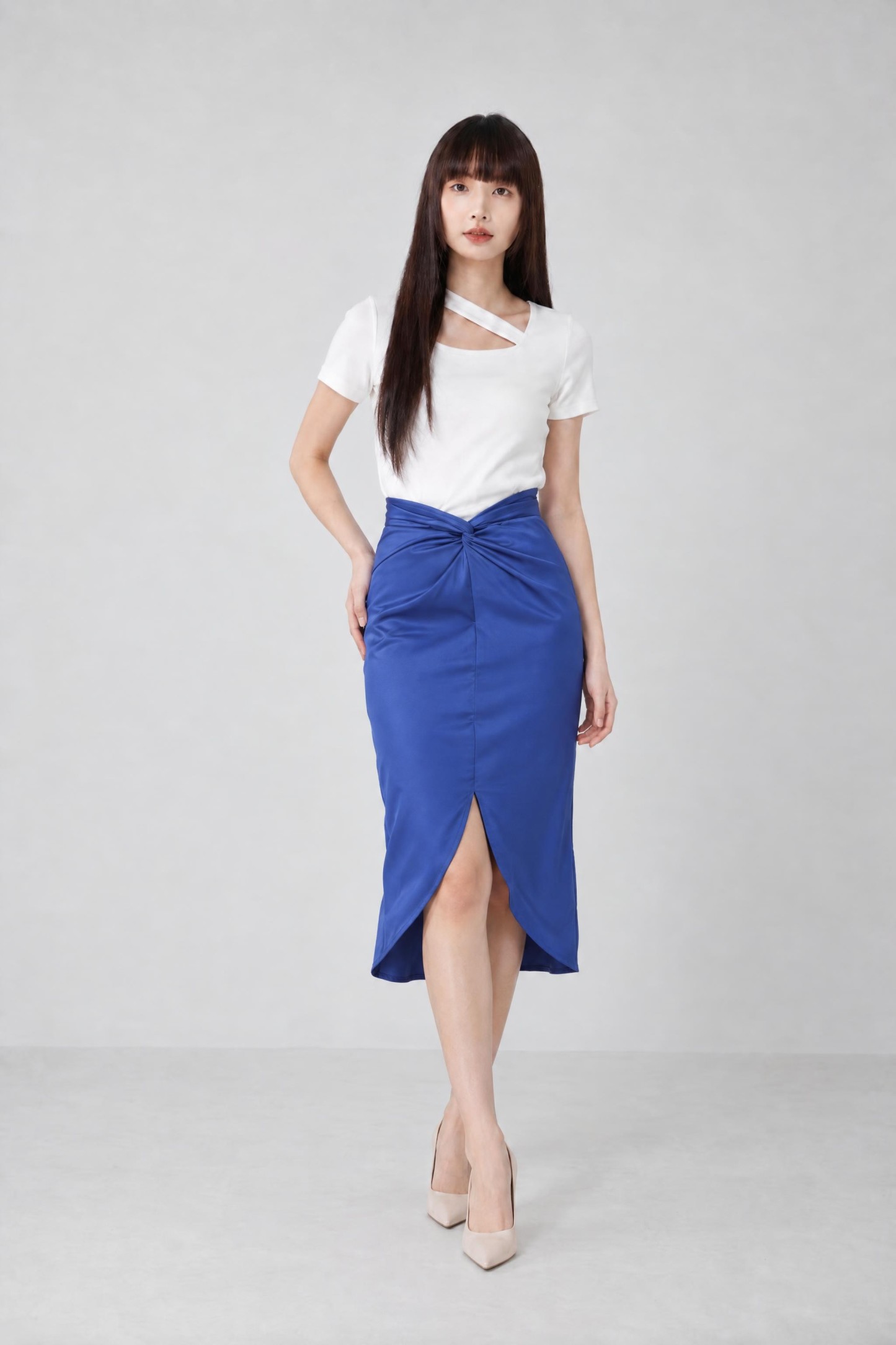 Pleated Back Zip Split Midi Skirt