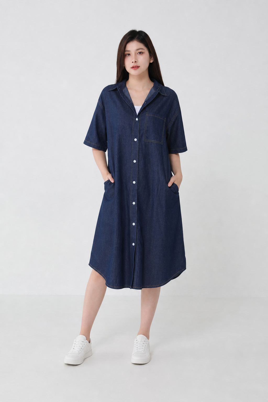 Denim Short Sleeve Dress With Belt 34702