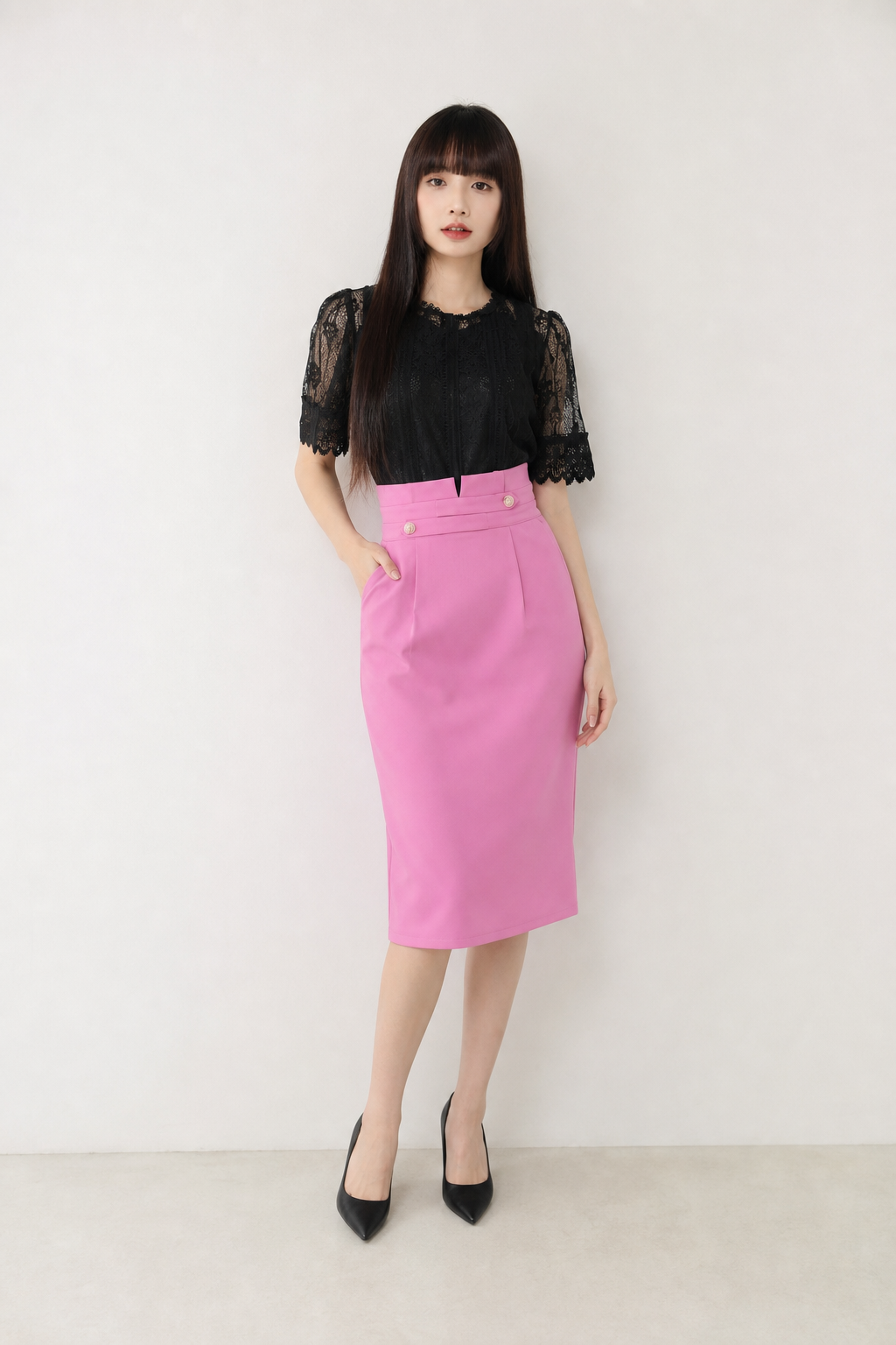 High Waist Pleated With Button Long Skirt 20059