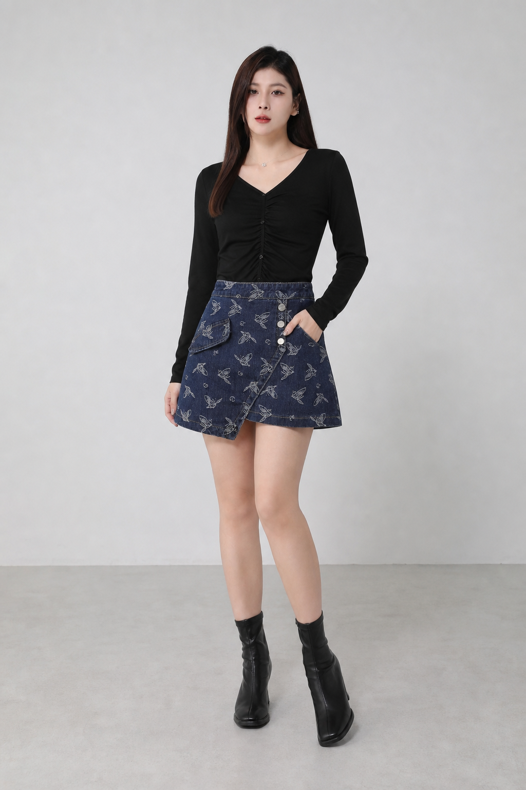 Side Button Printed Denim Skirt 14197