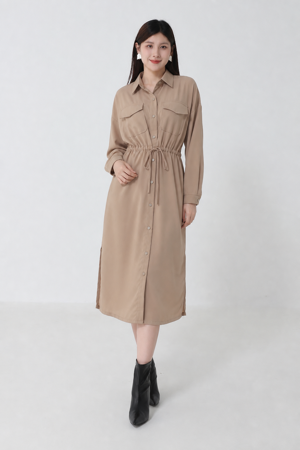 Front Button Collar With Waist Drawstring Dress 